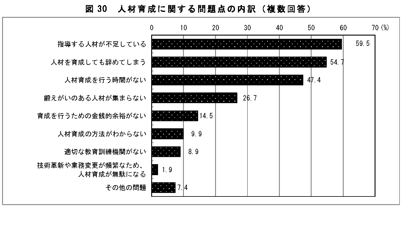 人材育成に関する問題点の内訳。指導する人材が不足している59.5%、人材を育成しても辞めてしまう54.7%、人材育成を行う時間がない47.4%、鍛えがいのある人材が集まらない26.7%など。出典:厚生労働省「令和6年度能力開発基本調査」